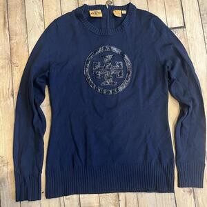Tory Burch Wool Sweater Women S Navy Logo Crewneck Designer Preppy Classic